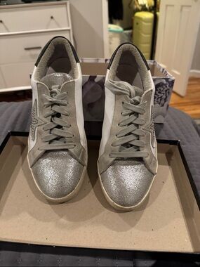 Womens White and Metallic Gold Casual Sneakers